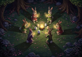Easter Bunny Gathering: A magical scene unfolds as a group of enchanting bunnies gather around a glowing campfire. The bunnies, in their finest attire.