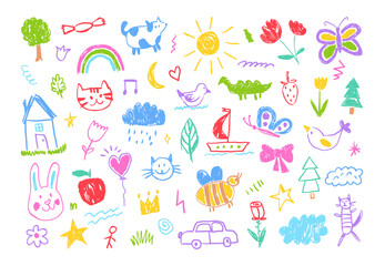 Kids drawing. Children sketch cute flower, cloud and butterfly, cat and car, house and bird, rabbit and tree, sun and crown, bee and star, tree. Hand drawn abstract vector elements