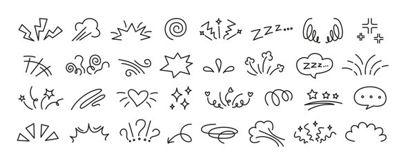 Manga doodle expression. Line comic anime Japanese elements, cartoon movement, emphasis and exclamation, dizzy and angry, shock lightning emotion funny effect. Vector isolated set © Ukio.stock
