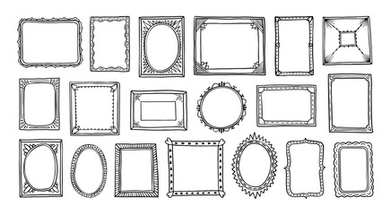 Hand drawn frames. Doodle square border, simple vintage picture frame, scrapbook photo circle decoration. Line sketch vignette, scribble stroke mirror, photoframe. Vector set © Ukio.stock