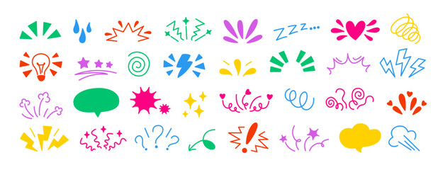 Comic doodle expression. Cartoon manga effect, speech bubble, lightning arrow, lightbulb idea, love and shock, angry emoji expressive symbol. Spiral, tears and stars. Vector set