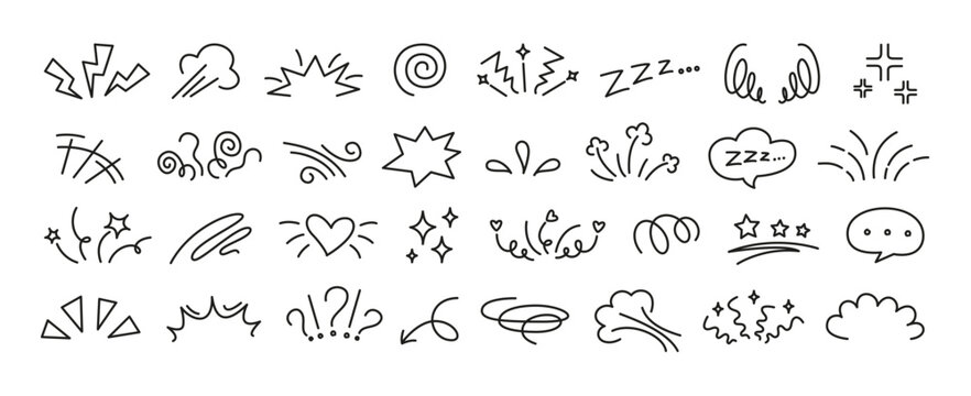 Manga doodle expression. Line comic anime Japanese elements, cartoon movement, emphasis and exclamation, dizzy and angry, shock lightning emotion funny effect. Vector isolated set