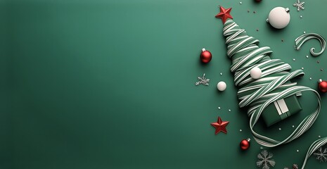 Fototapeta premium Creative Christmas Tree Made From Ribbon With Decorations on Green Background.