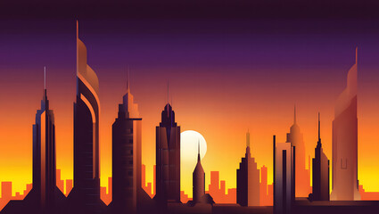 Fototapeta premium Flat Minimal Vector Illustration of Futuristic Dubai Skyline with Geometric Towers and Desert Sunset
