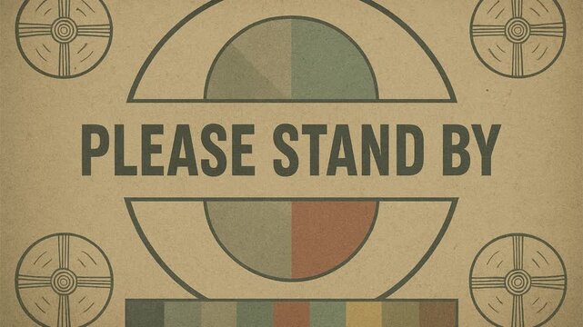 Please stand by text  Retro TV test pattern with the text "PLEASE STAND BY," featuring muted vintage colors and geometric calibration shapes for an old broadcast look