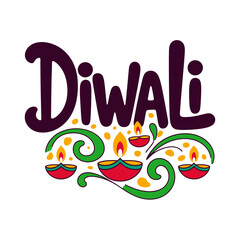 Diwali lettering design, artistic wordmark with diya, ornamental swashes, vibrant festival vibe, playful script style, cultural celebration vector