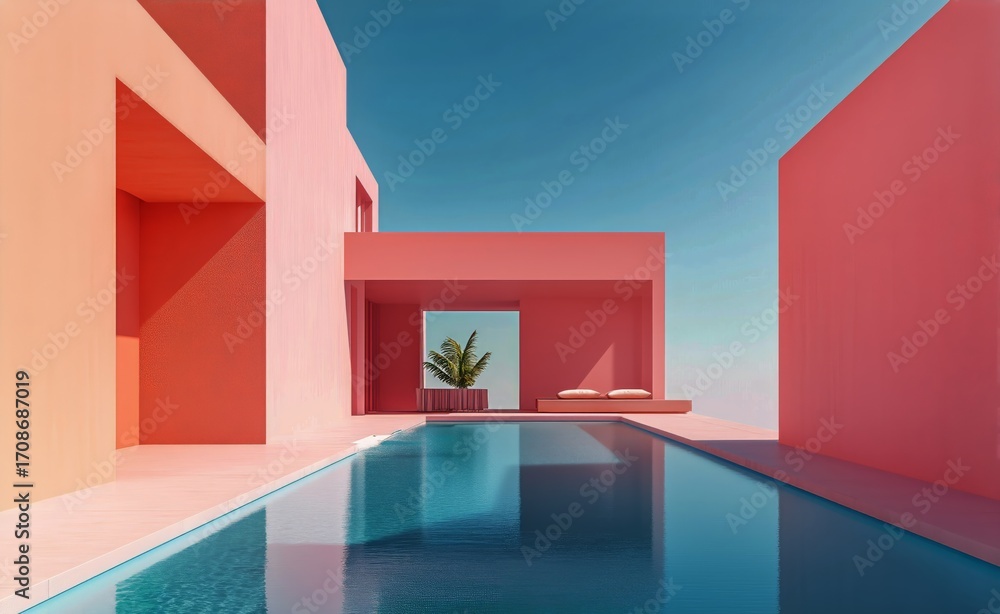 Poster modern architectural design featuring a poolside view and coastal backdrop.
