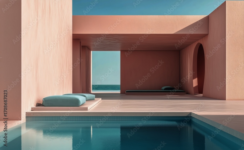 Poster modern architectural design featuring a poolside view and coastal backdrop
