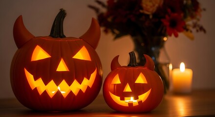 Fototapeta premium Two carved glowing pumpkins with devil horns at night