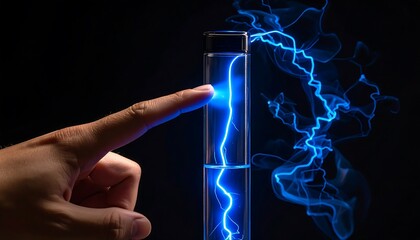 A hand touches a glass tube, generating electric sparks