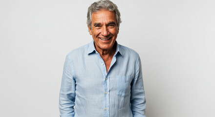 Contented senior man with a warm smile and confident demeanor, radiating a friendly and approachable presence, captured in a bright studio portrait