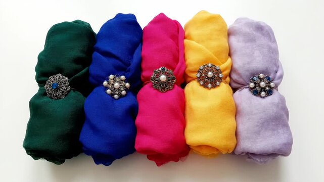Colorful Rolled Scarves with Ornate Brooches - Five vibrantly colored rolled scarves are arranged in a row, each adorned with a unique jeweled brooch.