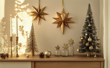 Warm and Cozy Holiday Decorations With a Small Tree and Elegant Candlelight in a Modern Interior.