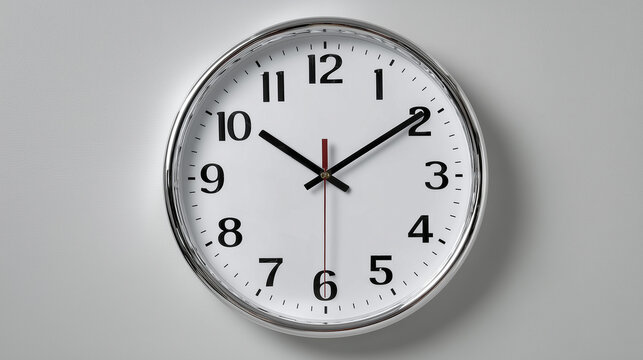 Round analog wall clock with Arabic numerals and chrome frame