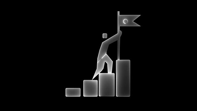 Abstract figure climbs ascending bar graph steps planting flag on peak symbolizing success achievement goal attainment progress growth strategy business victory