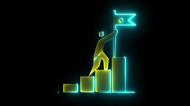 Neon glowing abstract figure climbing bar graph steps planting flag on summit success achievement concept dark background