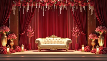 Lavish Indian wedding stage setup with ornate gold sofa, abundant red, pink floral decorations, pearl string hangings. Rich red curtains form dramatic backdrop, creating romantic ambiance for