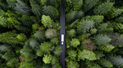 Truck travels through dense green forest on winding road surrounded by tall trees and nature's beauty in daylight Generative AI