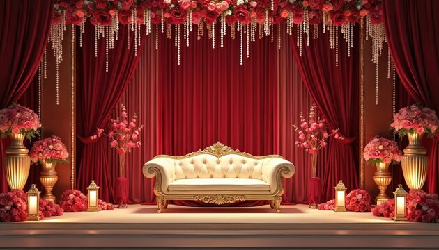 Lavish Indian wedding stage setup with ornate gold sofa, abundant red, pink floral decorations, pearl string hangings. Rich red curtains form dramatic backdrop, creating romantic ambiance for