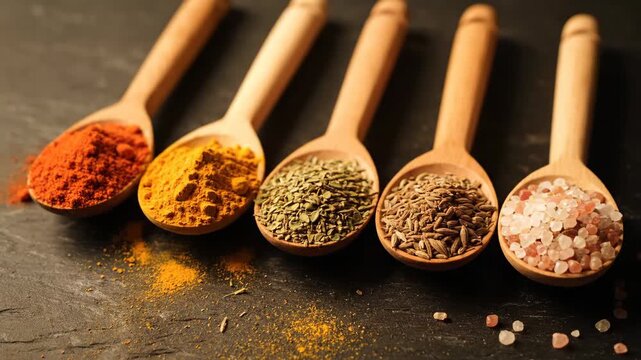 Aromatic Spices and Herbs in Wooden Spoons - Five wooden spoons filled with colorful spices and herbs are arranged on a dark textured background.