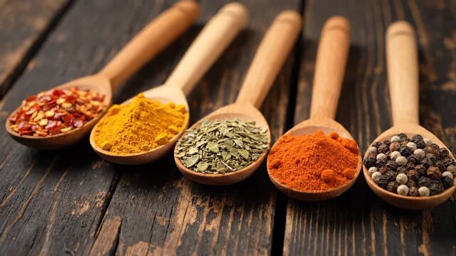 Colorful Spices and Herbs in Wooden Spoons - Five wooden spoons filled with various spices and herbs are arranged on a dark wooden background.