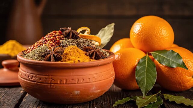 Aromatic Spices and Oranges - A rustic clay pot overflows with a colorful blend of spices, artfully arranged alongside a vibrant pile of fresh oranges and bay leaves on a dark wooden surface.