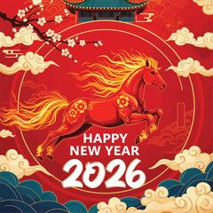 Illustration of Happy New Year 2026 of fire Horse card, poster in chine style