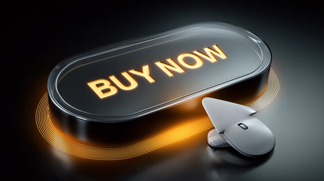 Futuristic buy now button glowing 3D ecommerce technology