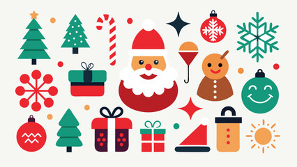 Festive Christmas Vector Illustration Featuring Santa Claus Trees Ornaments and Gifts for Holiday Season