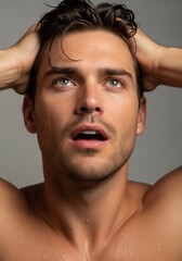 Close Up Portrait of Surprised Man with Hands on Head and Intense Expression
