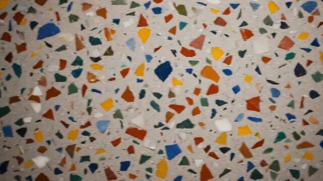 Colorful Terrazzo Texture Background - A close-up shot of a terrazzo surface with multicolored stone fragments embedded in a light beige base.