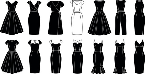 Black and White Fashion Illustration of Women's Dresses and Jumpsuits Featuring Diverse Styles, Silhouettes, Necklines, and Elegant Design Details
