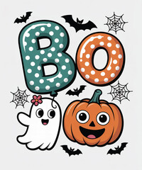 Cute cartoon ghost, pumpkin, and balloons spelling bo for halloween