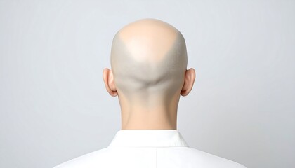 Bald man's back view against a plain backdrop