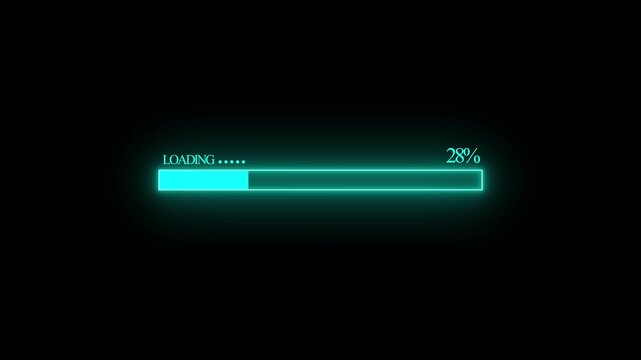 Futuristic neon loading bar progress indicator with percentage display and glowing effect on dark background digital animation
