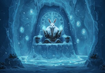 Action-Packed Scene, Mystical White Rabbit, Ice Cave, Illustration, Frozen Environment, Enigmatic Viewpoint, Fantasy Concept
