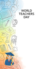 World teachers day celebration with graduation cap and colorful educational doodles