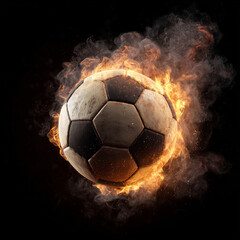 Fototapeta premium Soccer ball ignited with vibrant flames in a dramatic display of motion and energy during a nighttime game Generative AI