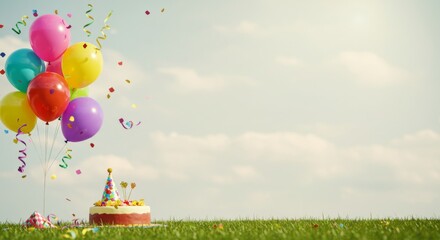 A birthday cake and colorful balloons with confetti on green grass against a clear sky with copy space