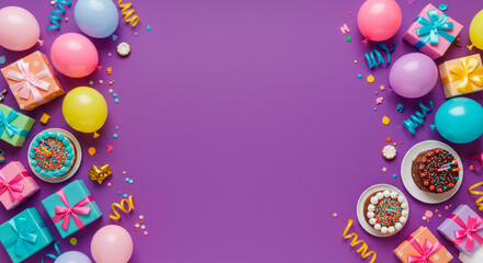Colorful birthday party background with gift boxes, balloons and cakes on a purple surface. Top view, copy space