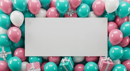 Colorful balloons and gift boxes with a blank white card for your text. Birthday and celebration background