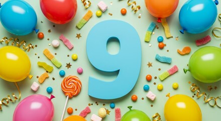 A number nine with balloons and assorted candy on a pastel green background. Birthday celebration concept