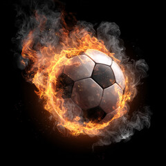 Fototapeta premium Soccer ball enveloped in flames with smoke effects create a dramatic visual in a dark background Generative AI