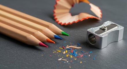 Colored pencils with sharpener and shavings on gray surface art supplies