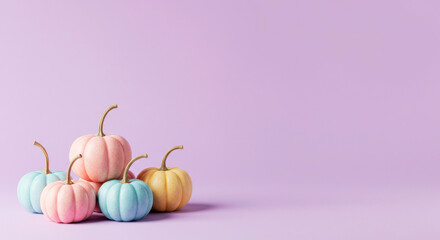 Creative pastel-colored pumpkins on a minimalist violet background