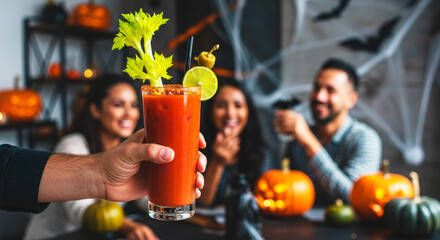 Celebrating Halloween with friends, a close-up of a hand holding a Bloody Mary cocktail