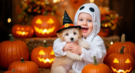 Happy baby in a ghost costume holding a puppy in a witch hat for Halloween