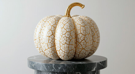Artistic image of a white pumpkin with a golden, crackle pattern and a golden stem on a marble pedestal