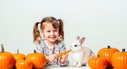 Smiling little girl feeding a white bunny with a carrot among orange pumpkins