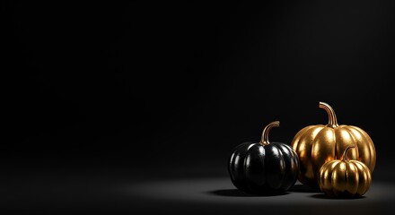 Dramatic, minimalist Halloween background with black and gold pumpkins on a dark surface